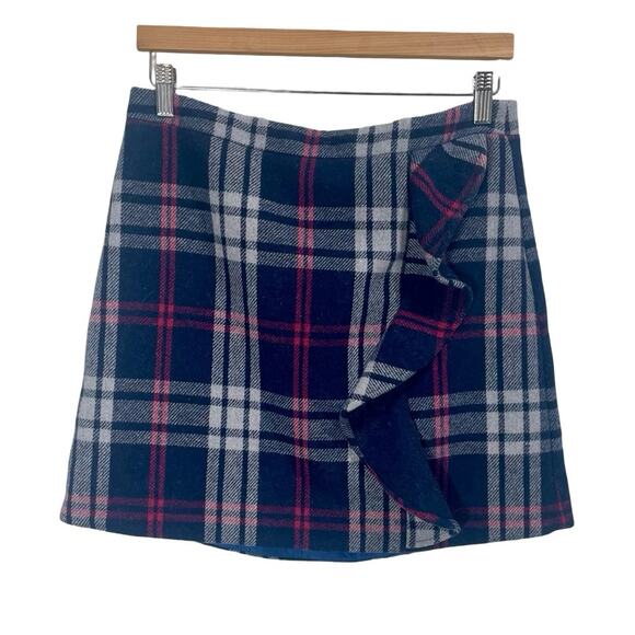 J. Crew Mercantile Navy Blue Plaid Double Serge Ruffle Wool Mini Skirt Size 8 - Picture 1 of 9